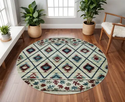 8' Ivory Blue And Red Geometric Round Rug