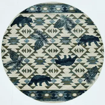 8' Ivory And Blue Geometric Round Rug