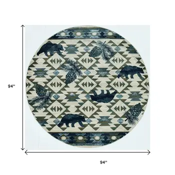 8' Ivory And Blue Geometric Round Rug