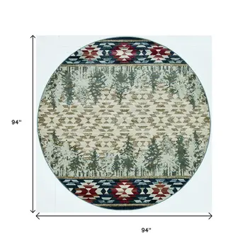 8' Ivory And Blue Abstract Round Rug