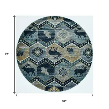 8' Blue And Green Round Geometric Area Rug