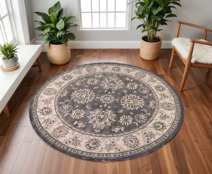 8' Gray And Ivory Round Floral Area Rug