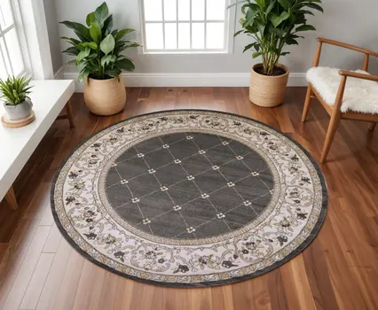8' Gray And Ivory Round Rug