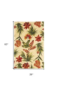 3' X 5' Ivory Green and Orange Wool Tropical Floral Handmade Area Rug