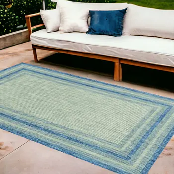 8' X 11' Blue And Gray Striped Indoor Outdoor Area Rug