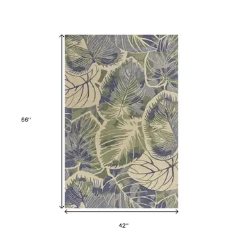 3' X 5' Blue And Green Wool Botanical Leaves Hand Tufted Area Rug