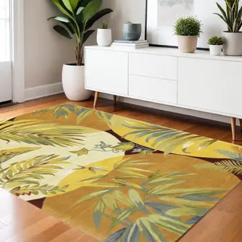 4' X 6' Coral Green And Ivory Wool Botanical Leaves Hand Tufted Area Rug