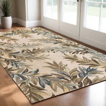 3' X 5' Ivory Brown And Blue Wool Botanical Leaves Hand Tufted Area Rug