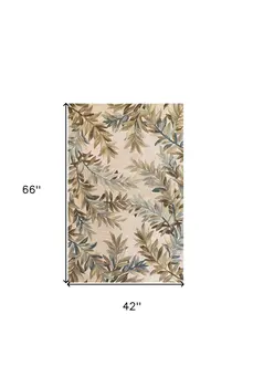 3' X 5' Ivory Brown And Blue Wool Botanical Leaves Hand Tufted Area Rug