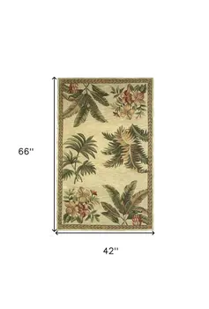4' X 6' Ivory and Green Tropical Botanical Hand Tufted Area Rug