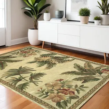 4' X 6' Ivory and Green Tropical Botanical Hand Tufted Area Rug
