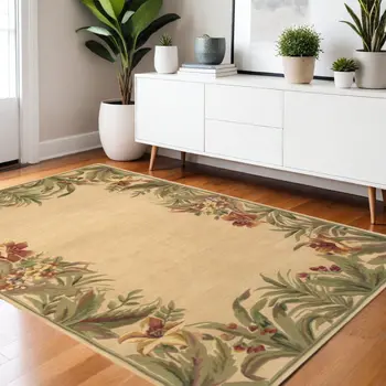4' X 6' Ivory And Green Wool Tropical Floral Hand Tufted Area Rug