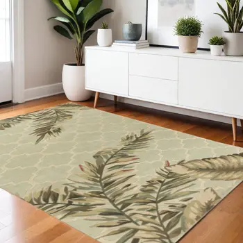 4' X 6' Sage And Tan Wool Tropical Botanical Hand Tufted Area Rug