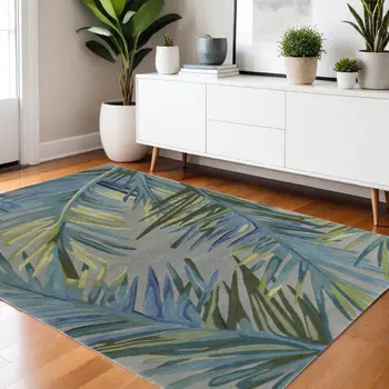 4' X 6' Gray And Blue Wool Tropical Botanical Hand Tufted Area Rug