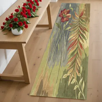 4' X 6' Blue And Green Wool Tropical Botanical Hand Tufted Area Rug