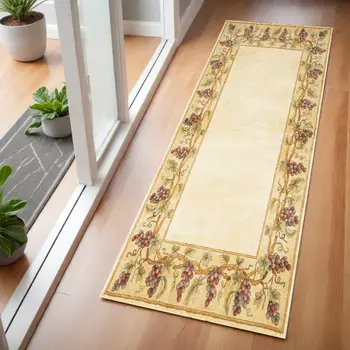 3' X 6' Ivory Brown And Green Wool Floral Vines Hand Tufted Area Rug