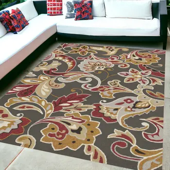 5' X 8' Taupe Floral Indoor Outdoor Area Rug