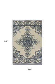 5' X 8' Ivory And Blue Damask Indoor Outdoor Area Rug