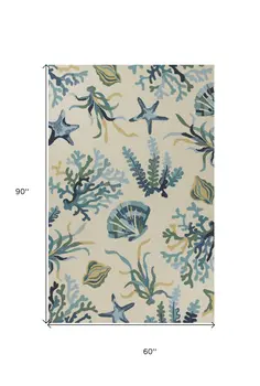 5' X 8' Ivory And Blue Floral Handmade Indoor Outdoor Area Rug