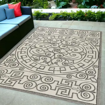 5' X 8' Gray And Ivory Damask Indoor Outdoor Area Rug