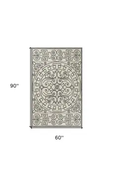 5' X 8' Gray And Ivory Damask Indoor Outdoor Area Rug