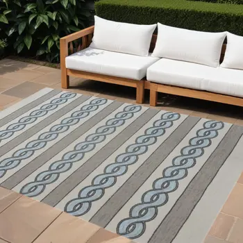 5' X 7' Ivory And Blue Abstract Handmade Indoor Outdoor Area Rug