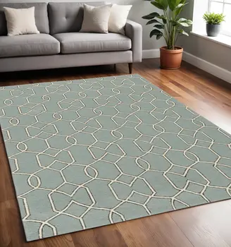 5' X 7' Green and Ivory Geometric Hand Hooked Area Rug