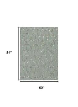 5' X 7' Green and Ivory Geometric Hand Hooked Area Rug