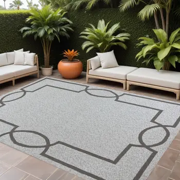 5' X 7' Ivory And Brown Geometric Handmade Indoor Outdoor Area Rug