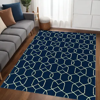 5' X 7' Navy Blue Geometric Hand Hooked Area Rug