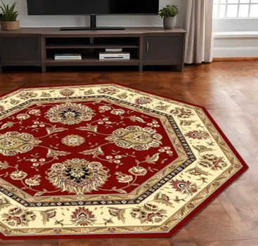 7' Red and Ivory Floral Octagon Rug