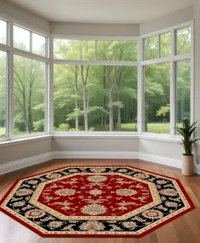 7' Red And Black Floral Medallion Octagon Rug