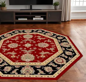7' Red Black And Gold Floral Medallion Octagon Rug