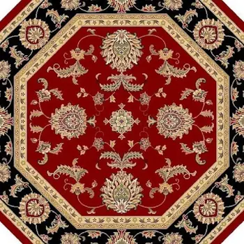 7' Red Black And Gold Floral Medallion Octagon Rug