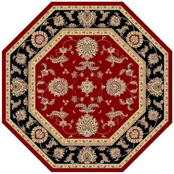 7' Red Black And Gold Floral Medallion Octagon Rug
