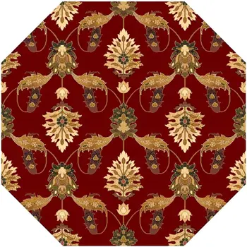 7' Red Beige And Brown Floral Vines Octagon Rug