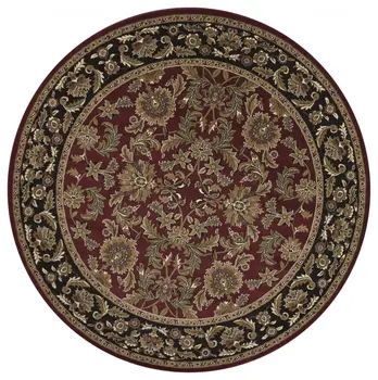 8' Red And Black Floral Vines Octagon Rug
