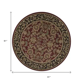 8' Red And Black Floral Vines Octagon Rug