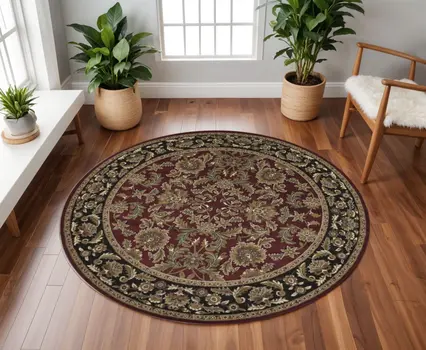 8' Red And Black Floral Vines Octagon Rug