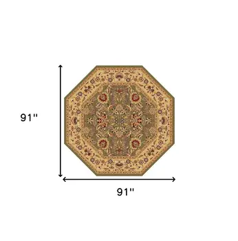 7' Green And Taupe Floral Octagon Rug