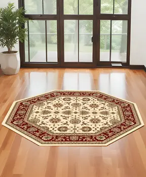 7' Ivory And Red Floral Octagon Rug