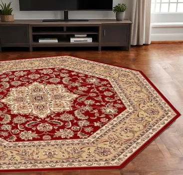 8' Red And Beige Medallion Octagon Rug