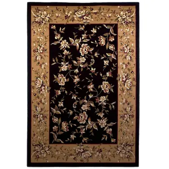 8' Beige And Black Floral Vines Octagon Rug