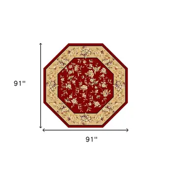 7' Red And Beige Floral Octagon Rug
