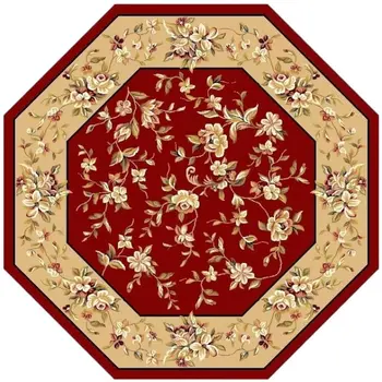 7' Red And Beige Floral Vines Octagon Rug