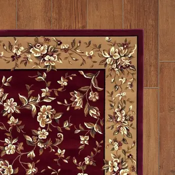 8' Red And Beige Floral Vines Octagon Rug