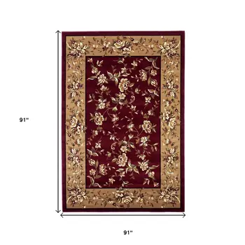 8' Red And Beige Floral Vines Octagon Rug