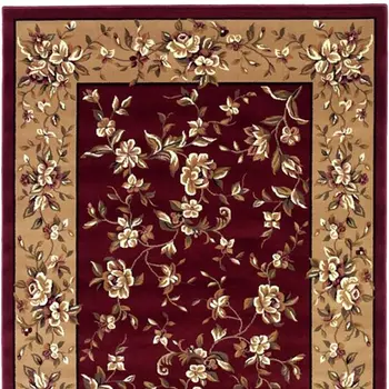 8' Red And Beige Floral Vines Octagon Rug