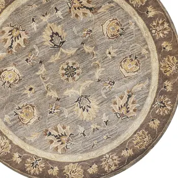 6' Gray And Brown New Zealand Lambs Wool Floral Hand Tufted Round Rug