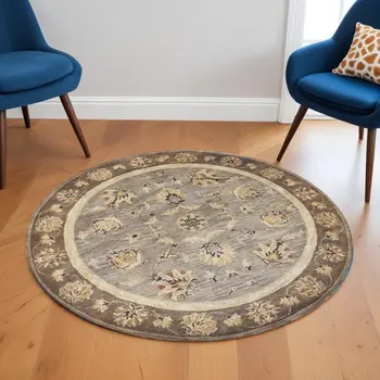 6' Gray And Brown New Zealand Lambs Wool Floral Hand Tufted Round Rug